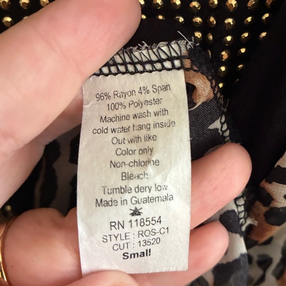 Ocasion High Low Black Righstones Heart Leopard Sheer Contrast Tunic Top S - Picture 10 of 10